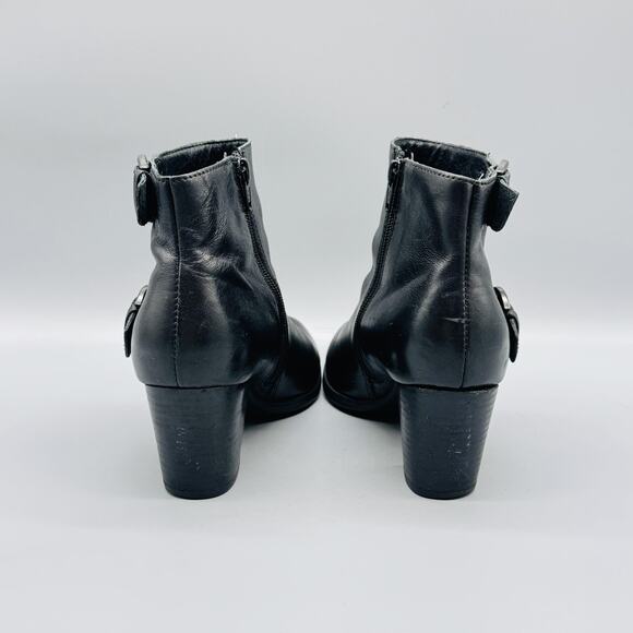 Born Boots Women 7.5 Black Leather Ankle Bootie Buckle Strap Block Heel Side Zip - Picture 7 of 12